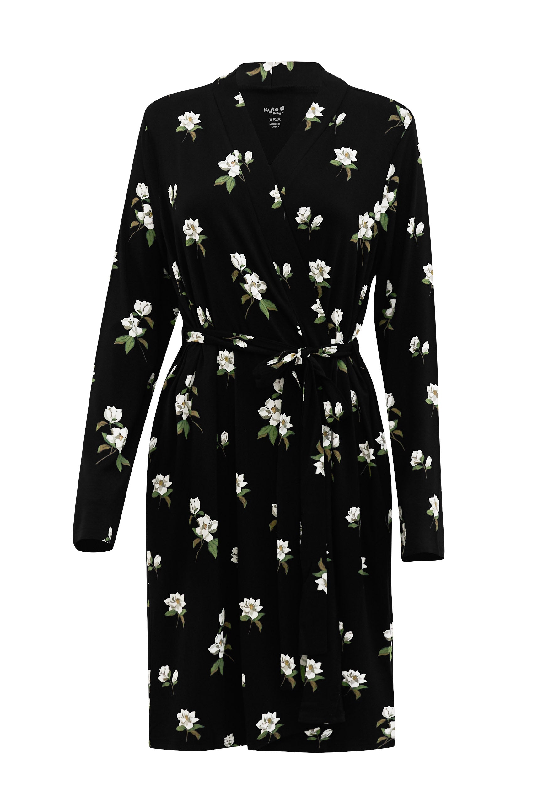 Front of Women’s Lounge Robe in Big Midnight Magnolia