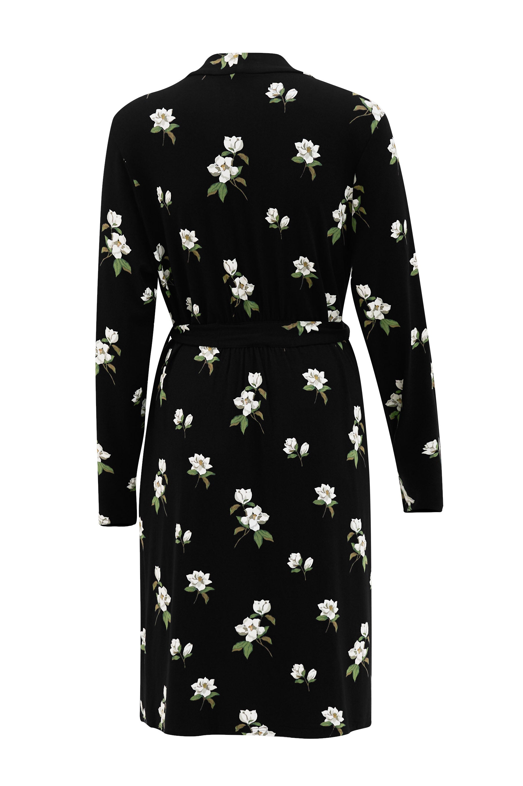 Back of Women’s Lounge Robe in Big Midnight Magnolia