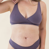 Woman modeling Women's Cross Front Bralette in Currant