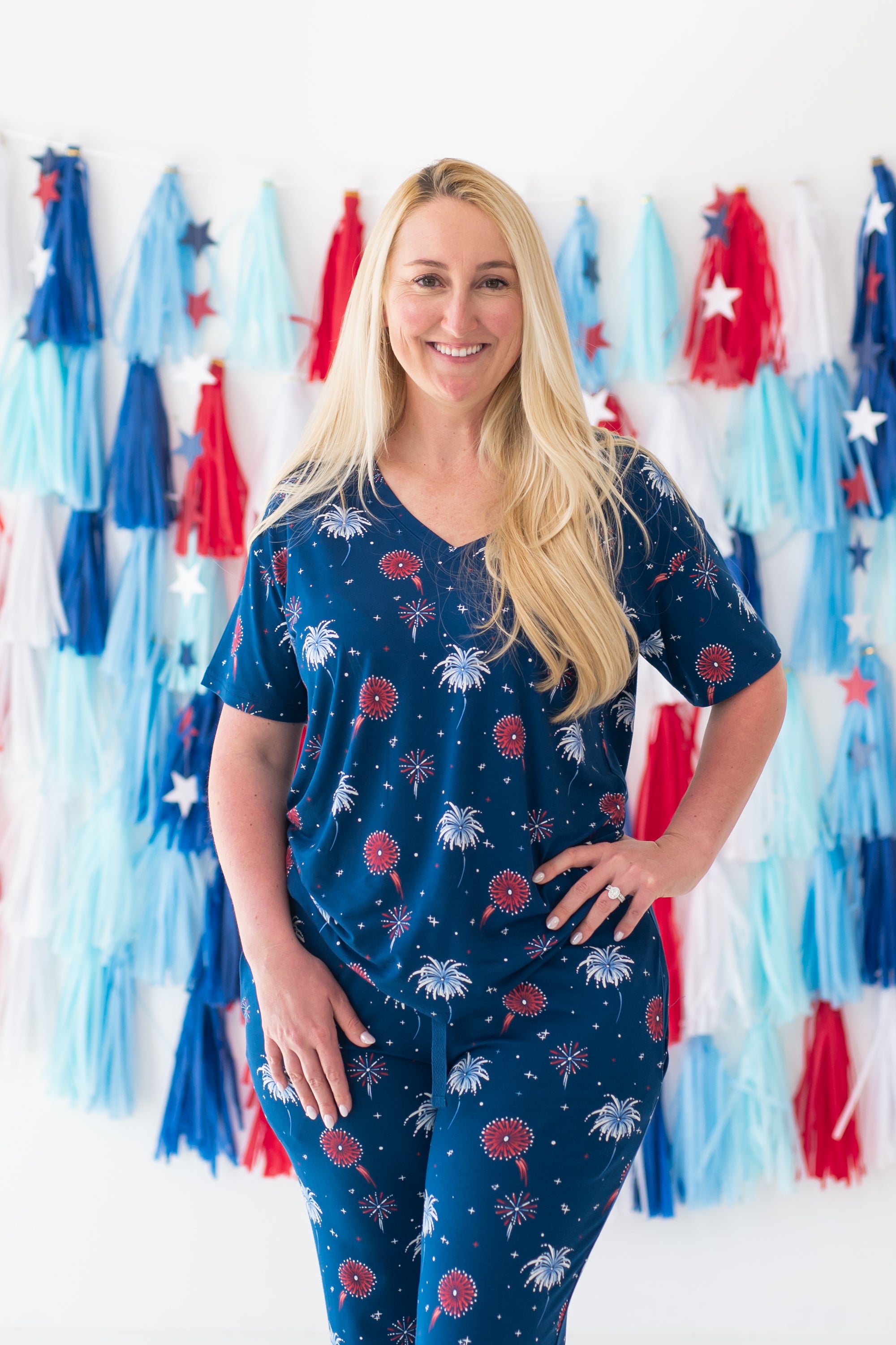 Woman modeling Women’s Relaxed Fit V-Neck in Celebration