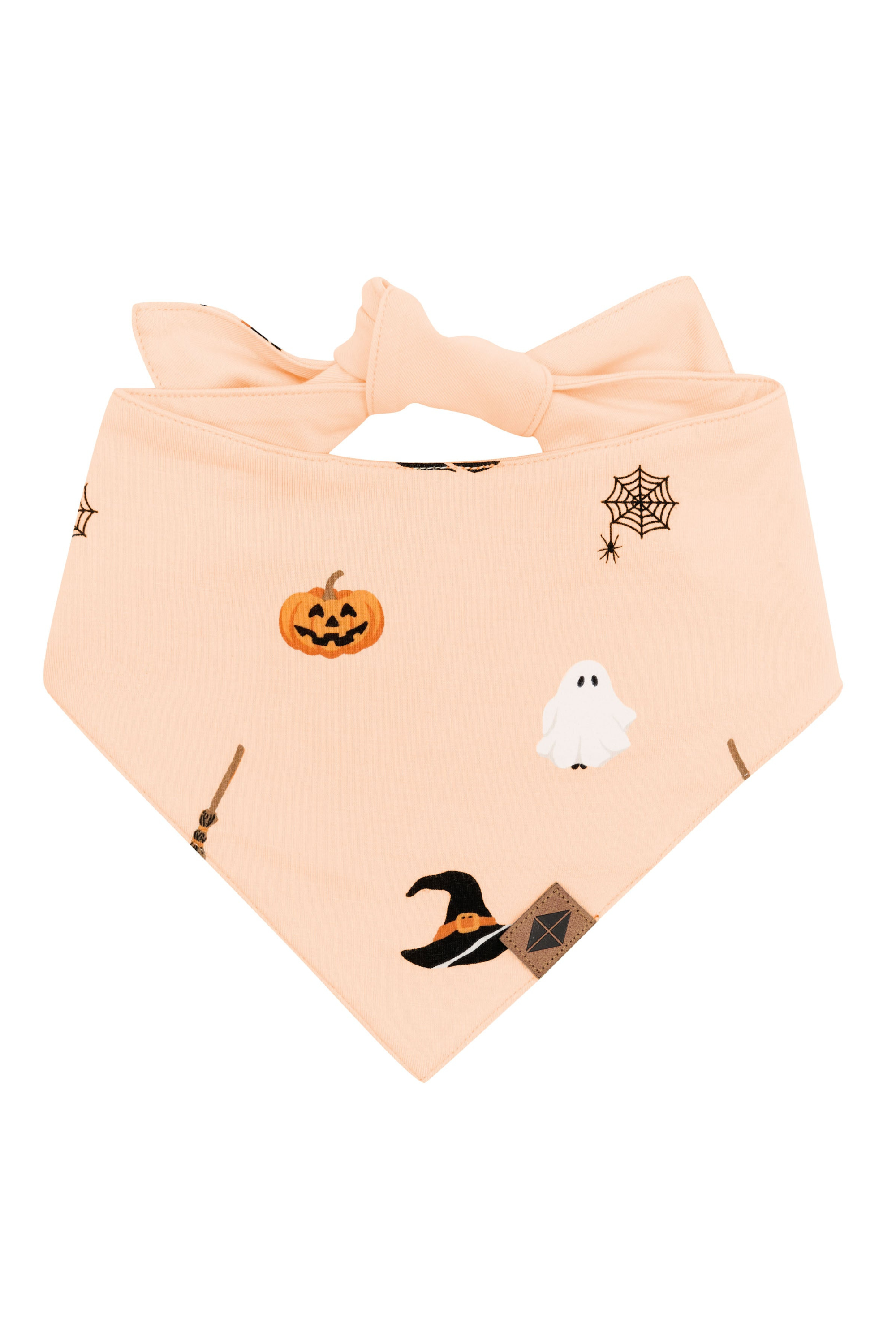 Halloween-themed bandana with pumpkins, ghosts, and witch hats on a peach background