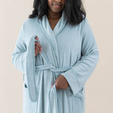 Model wearing the Adult Robe in Fog showing the robe tie which is done up at the front