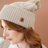 Cable Knit Pom Beanie in Almond
