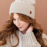 Cable Knit Pom Beanie in Almond