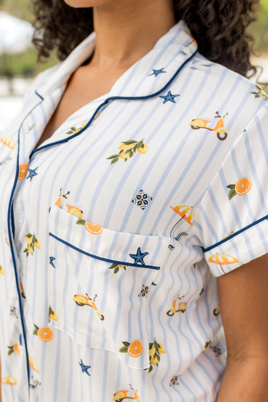 Close up of the top from the Women's Short Sleeve Pajama Set in Amalfi Coast