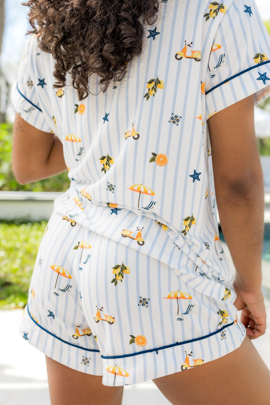 Close up of the backside of the Women's Short Sleeve Pajama Set in Amalfi Coast on a model