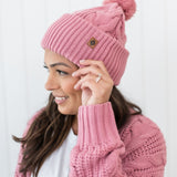 Cable Knit Pom Beanie in Apple Blossom