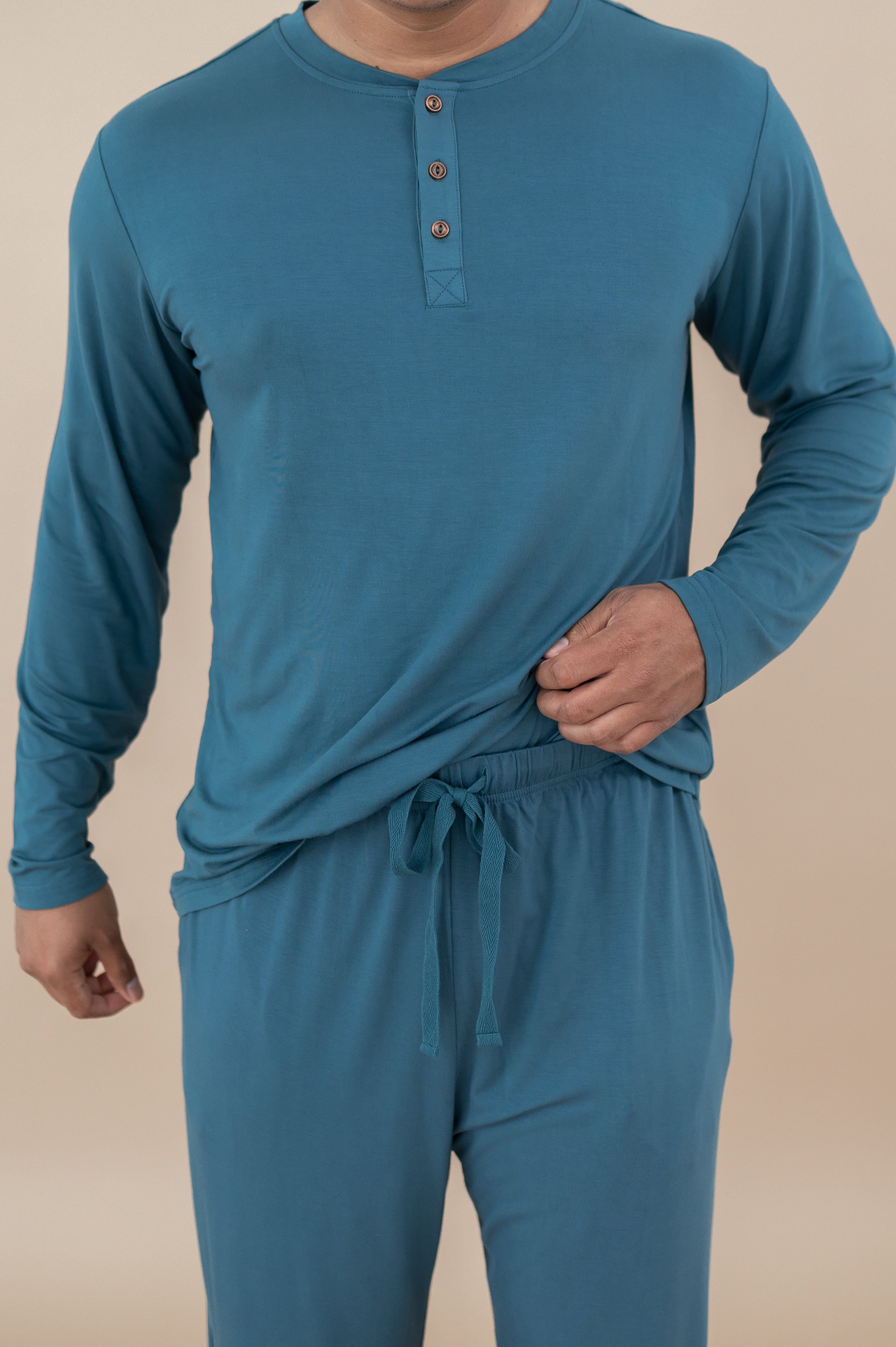Close up of Men's Lounge Pants in Atlantic and matching Henley Top