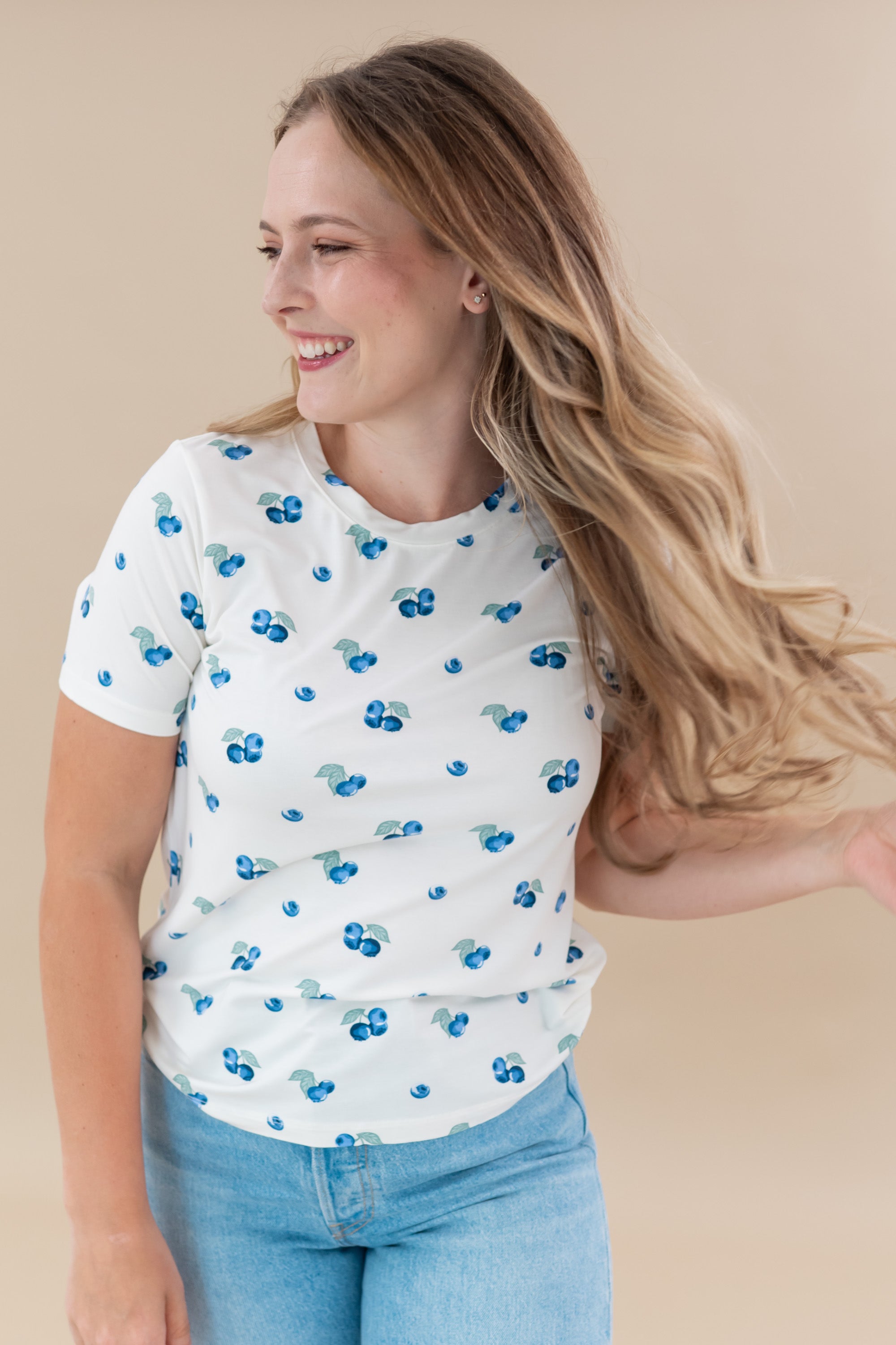 Female wearing the Women's Crew Neck Tee in Blueberry