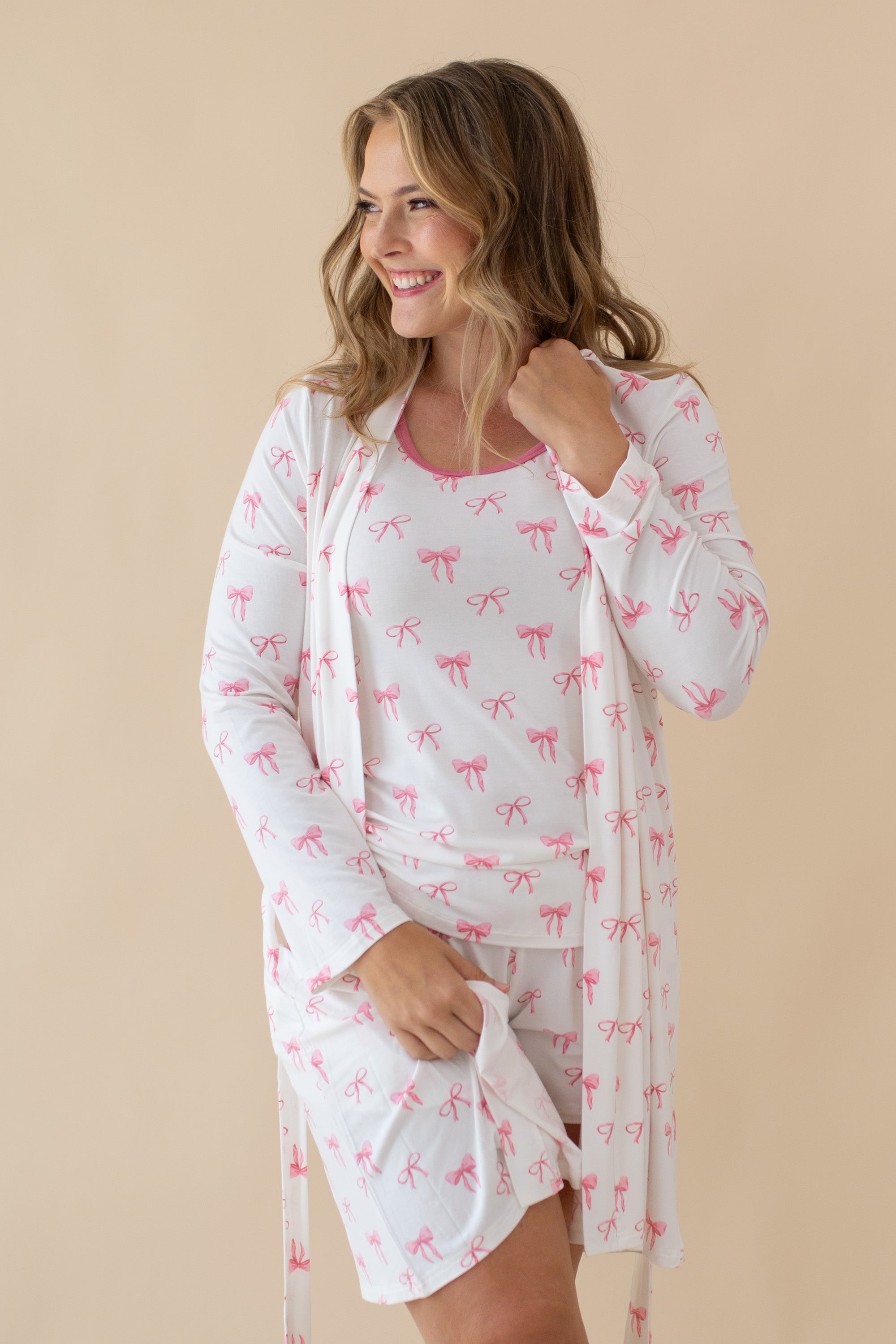 Woman modeling Women’s Tank Set in Bow and matching Lounge Robe