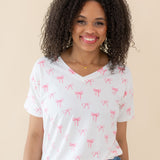 Woman modeling Women’s Relaxed Fit V-Neck in Bow