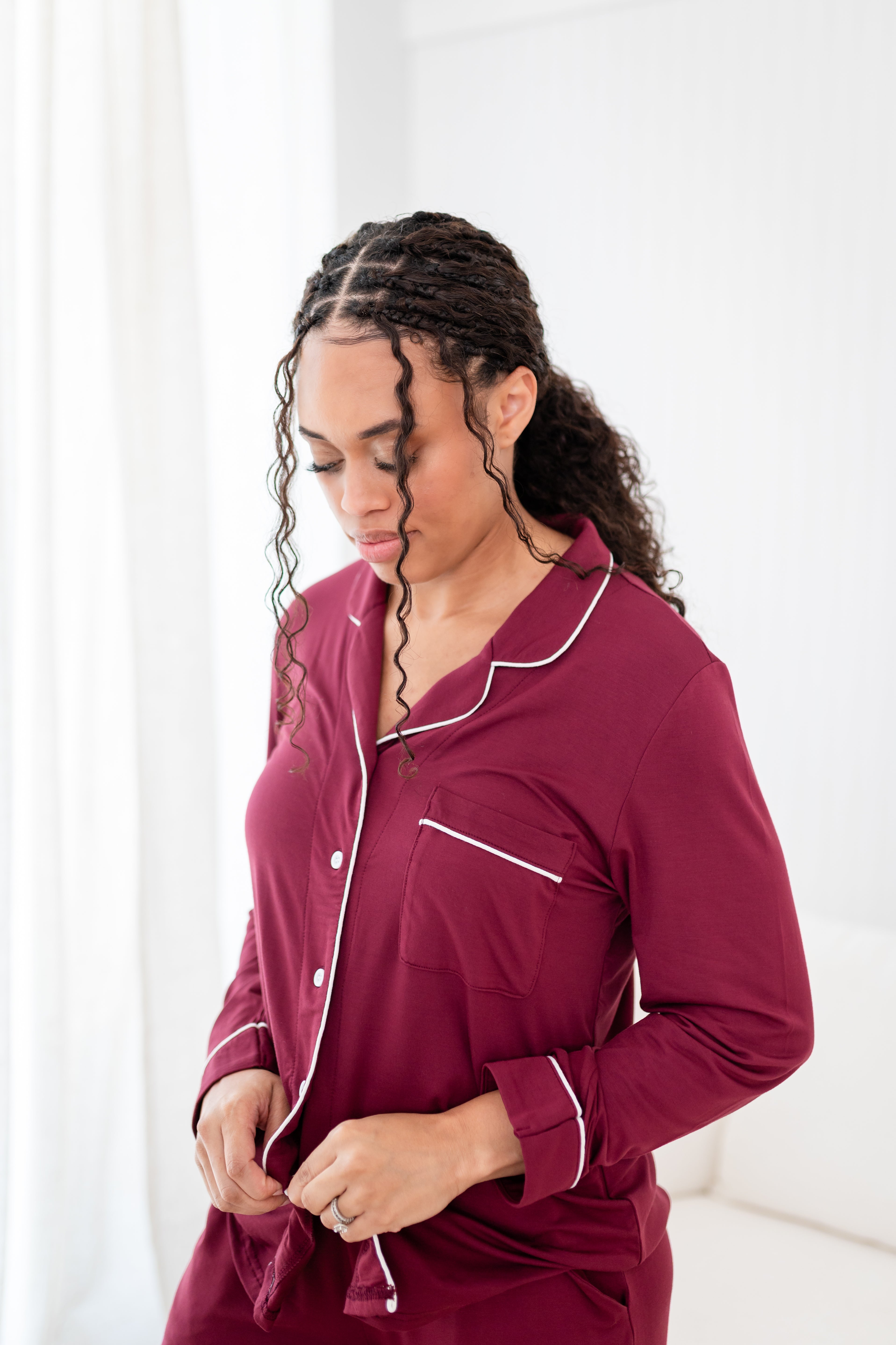 Close up of the top of the Long Sleeve Pajama Set in Burgundy