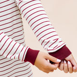 Close up of the cuffs on the Women's RIbbed Henley Set in Burgundy Stripe