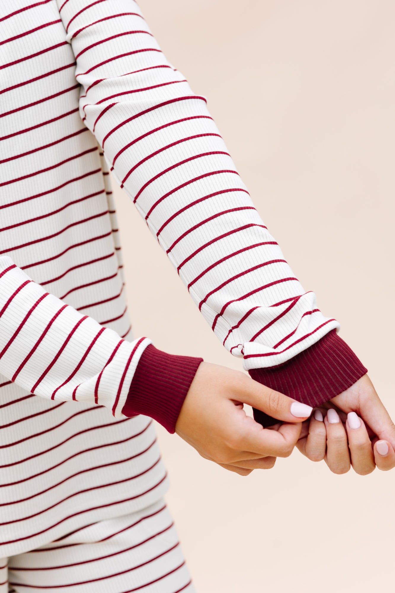 Close up of the cuffs on the Women's RIbbed Henley Set in Burgundy Stripe
