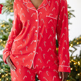 Close up of the Bamboo Long-Sleeved Women's Pajama Set in Candy Cane
