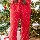 Close up of the pants of the Bamboo Long-Sleeved Women's Pajama Set in Candy Cane