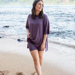 Model wearing the Women’s Biker Short Set in Currant purple