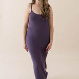 Female model wearing the Women's Ribbed Cami Dress in Currant