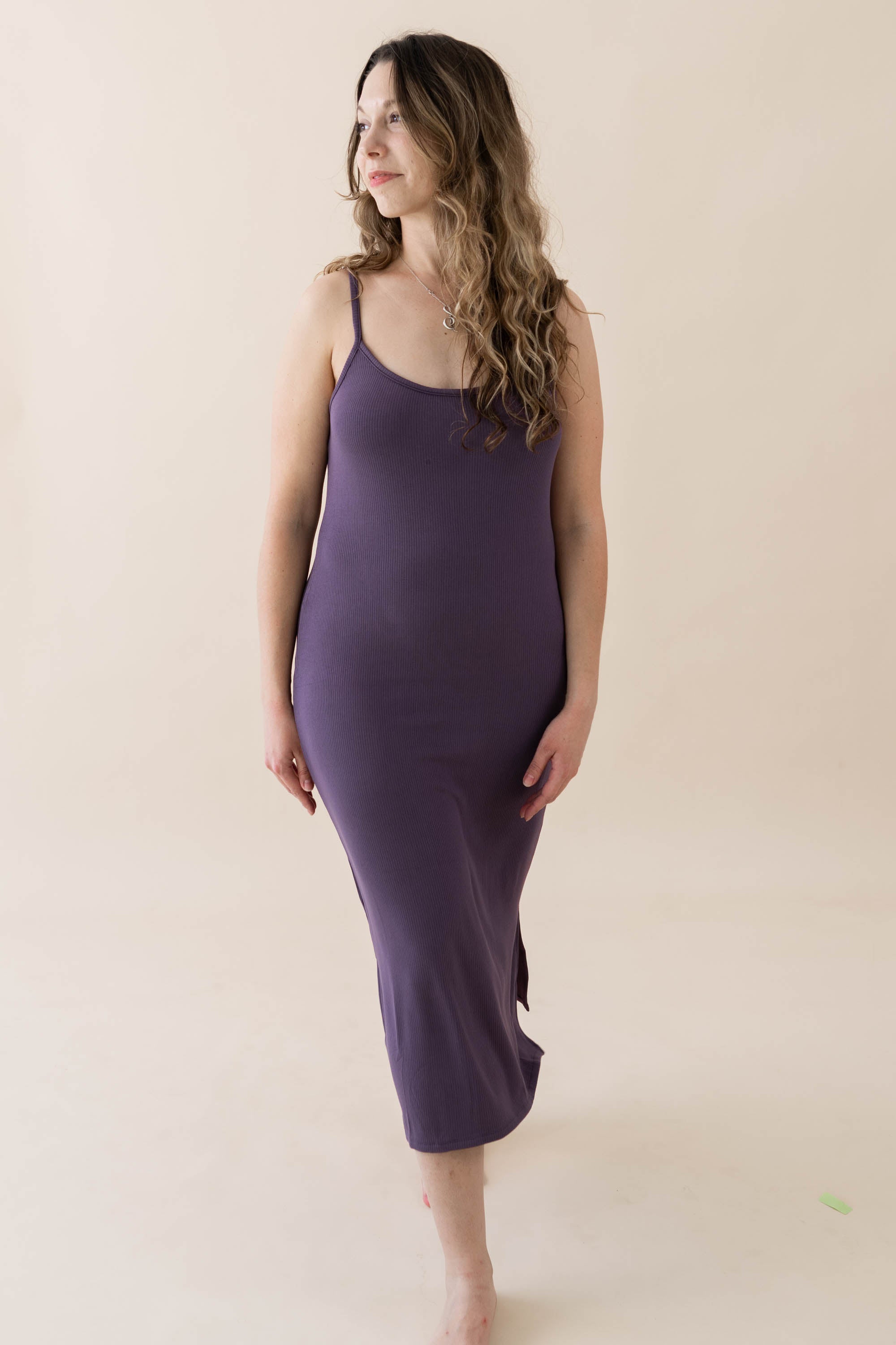 Female model wearing the Women's Ribbed Cami Dress in Currant