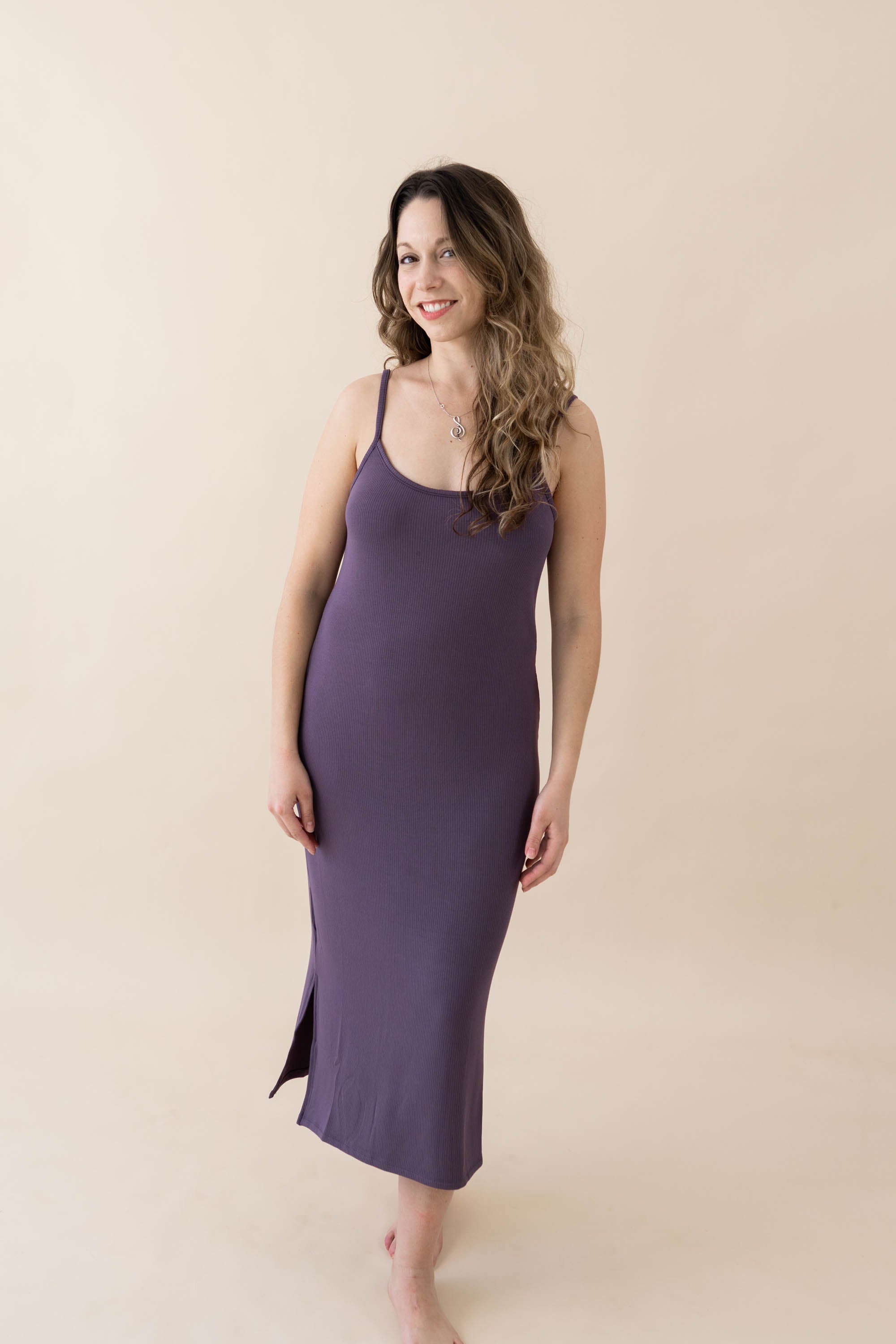 Model wearing the Women's Ribbed Cami Dress in Currant