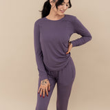 Female model in the Women's Jogger Pajama Set in Currant