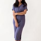 Woman modeling Women's Ribbed Jumpsuit in Currant