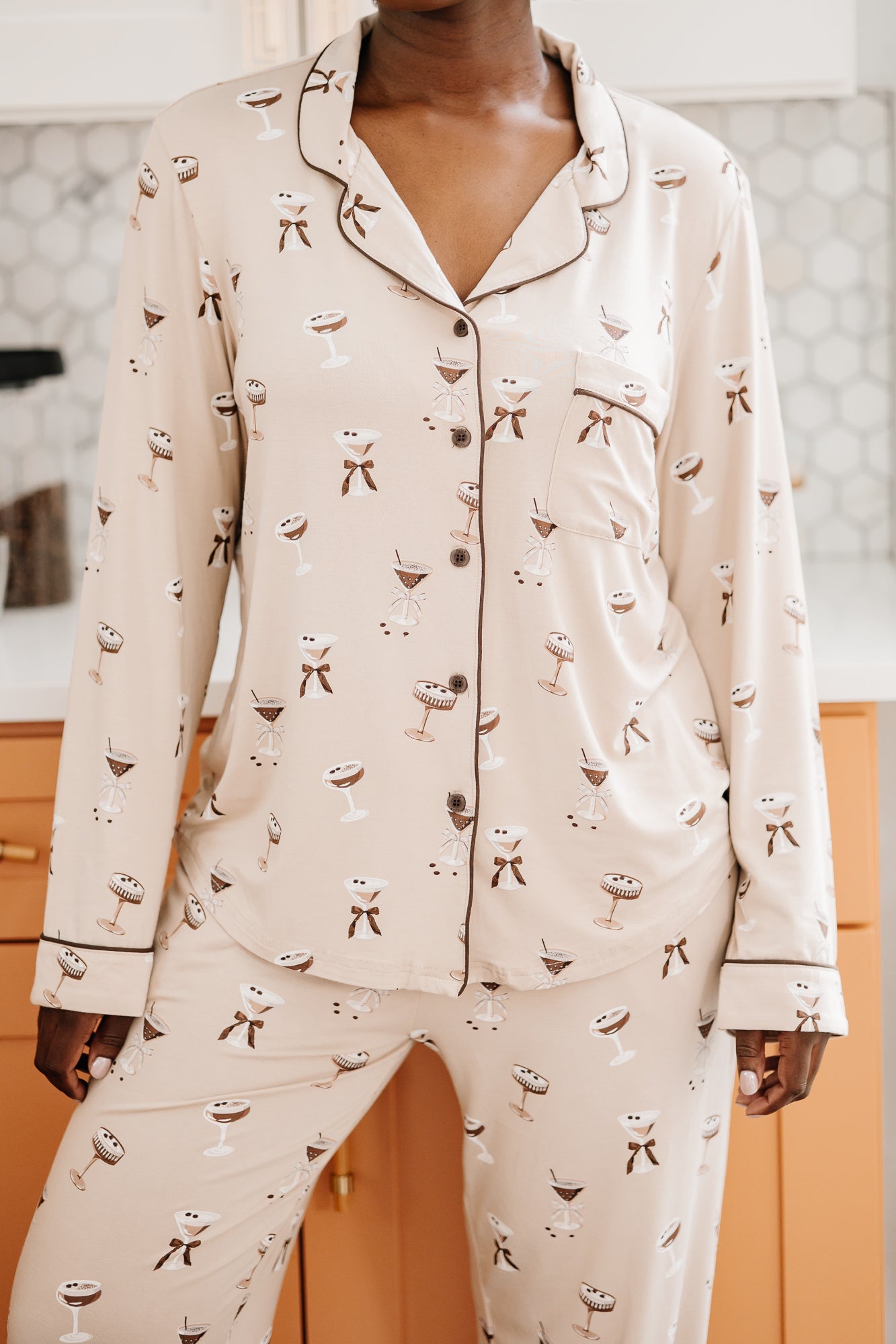 Close up of the top of the Kyte Bamboo Long-Sleeved Women's Pajama Set in Espresso Martini