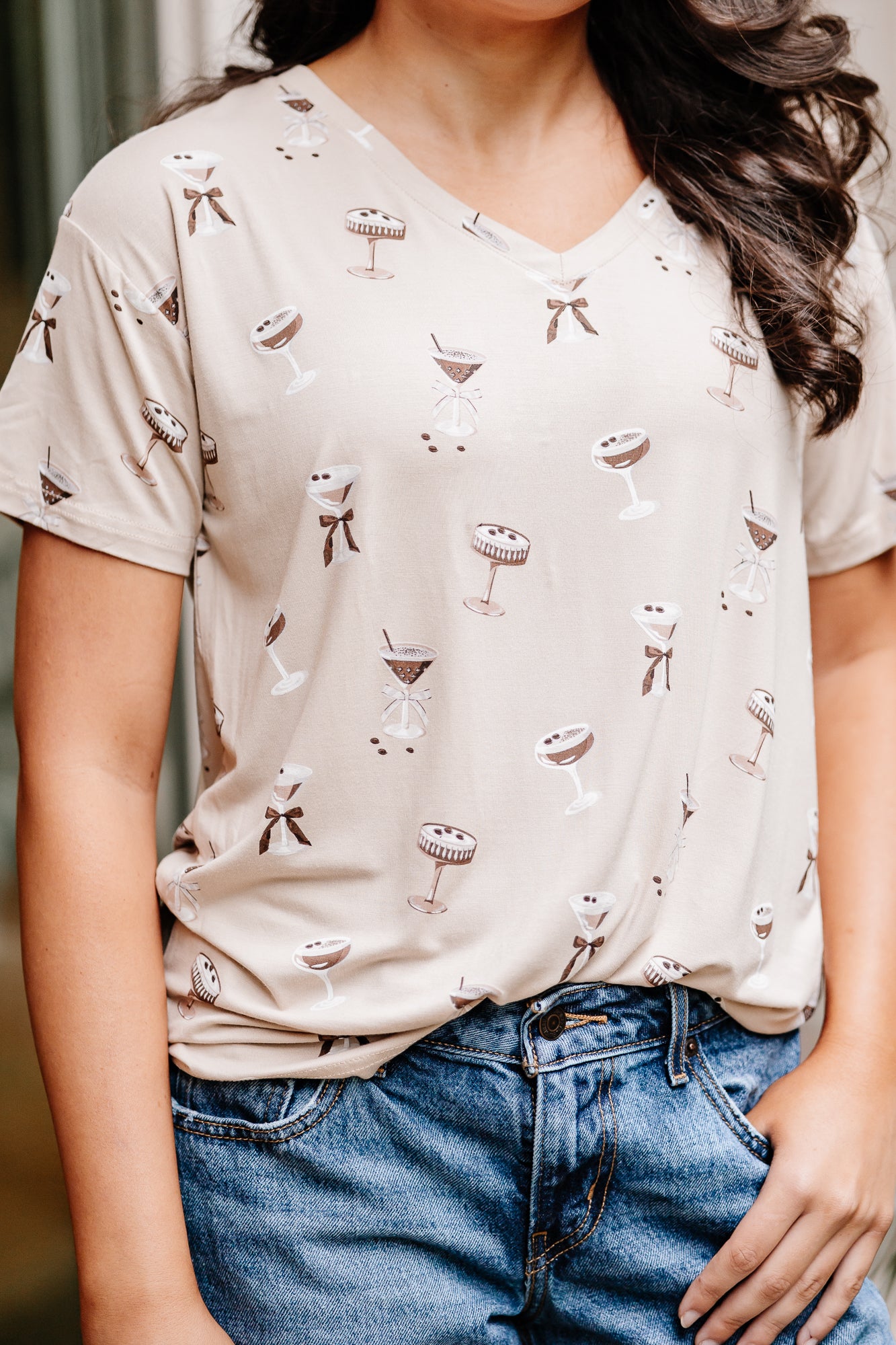 Close up of the Women's Relaxed Fit V-Neck in Espresso Martini