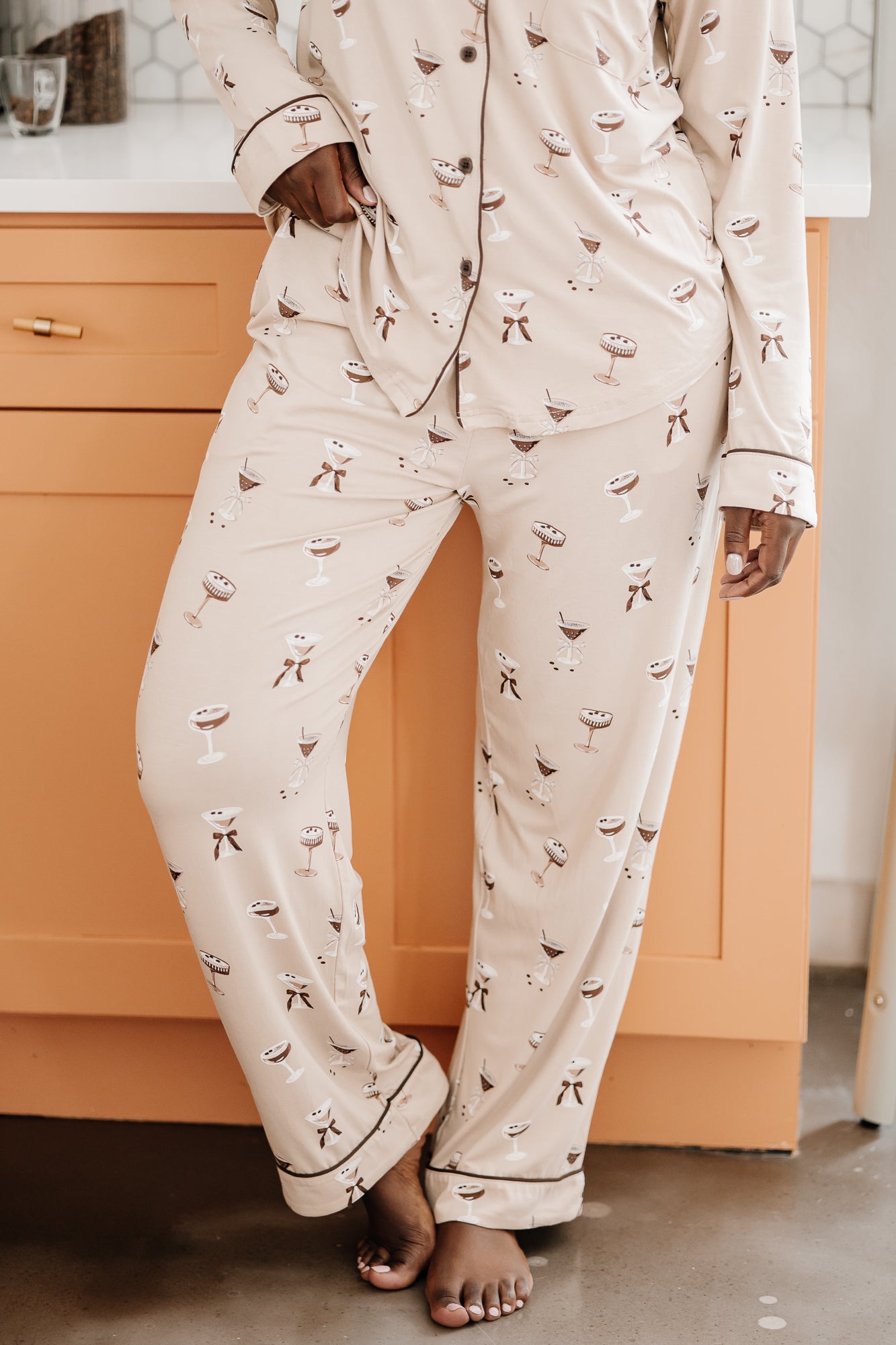 Close up of the bottoms of the Bamboo Long-Sleeved Women's Pajama Set in Espresso Martini