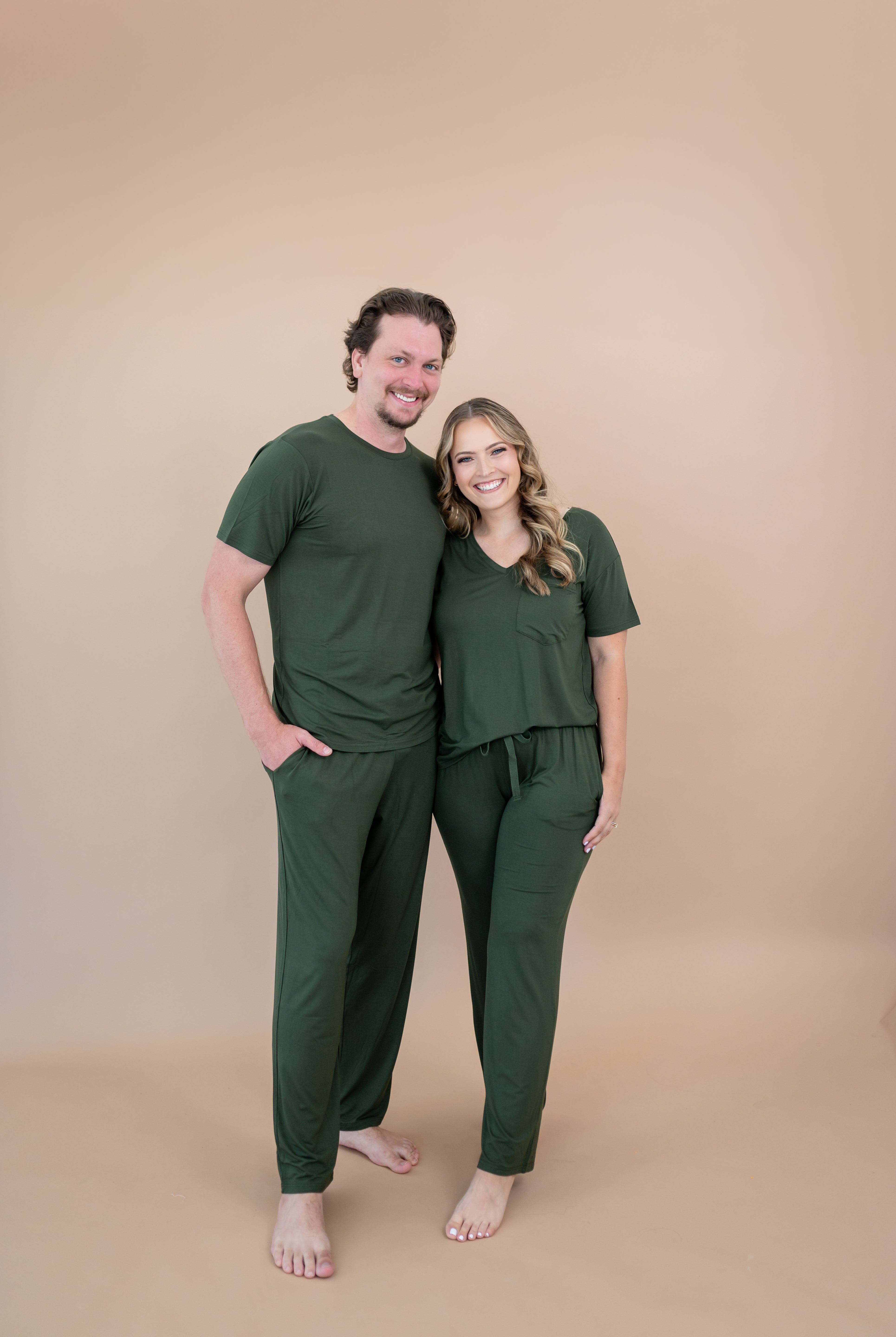 Couple wearing matching Lounge Pants and tops in Fir