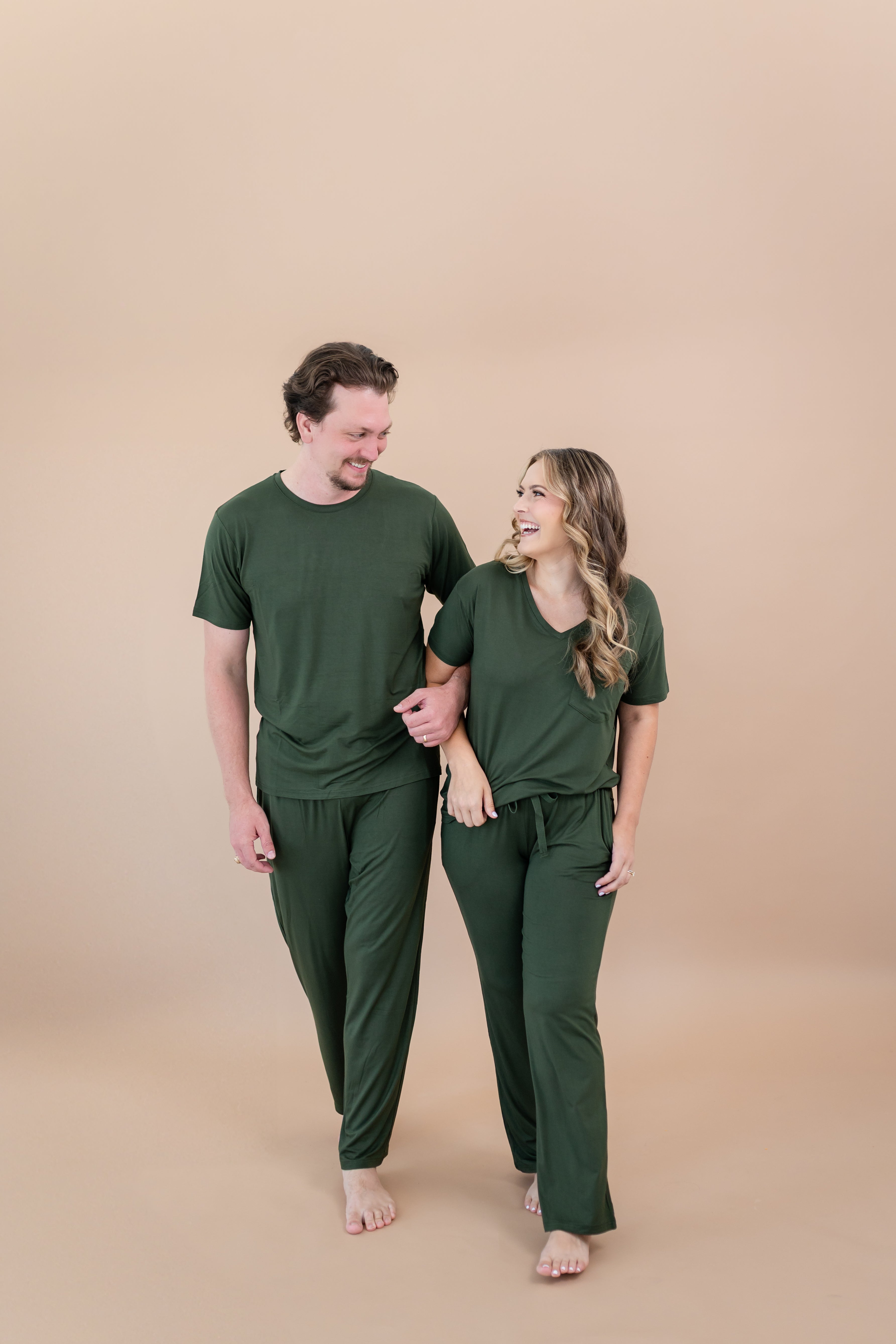 Couple matching in Lounge Pants and tees in Fir