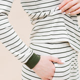 Close up of the solid cuffs and pocket on the bottoms of the Women’s Ribbed Henley Set in Fir Stripe