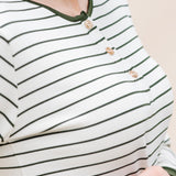 Close up of the buttons on the top of the Women’s Ribbed Henley Set in Fir Stripe