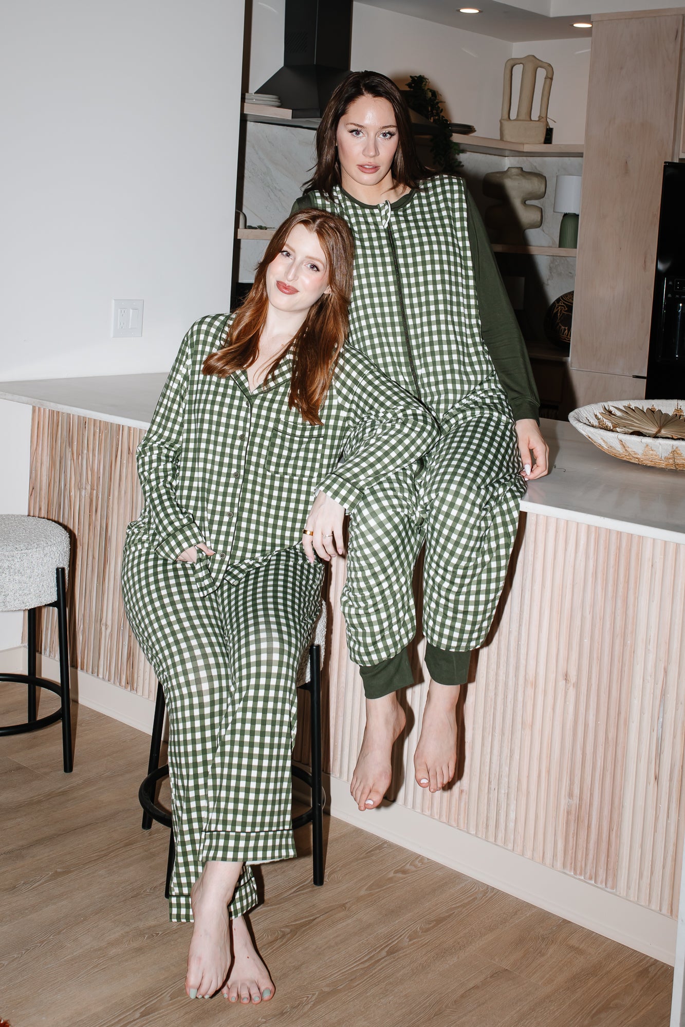 Models wearing sleepwear and pajamas in Gingham Fir green