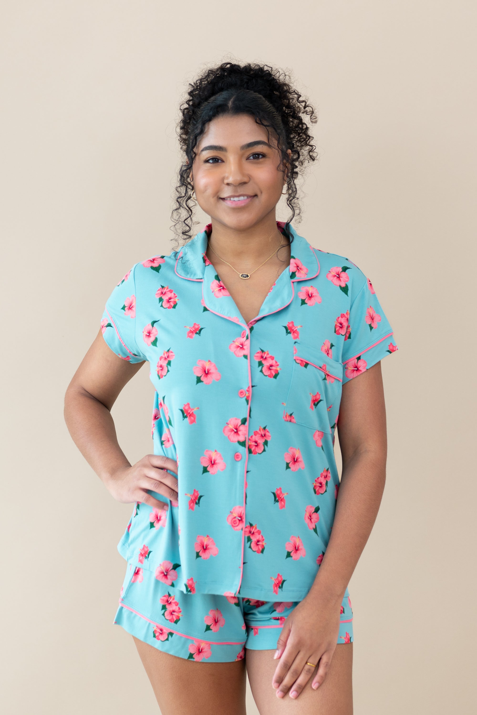 Female model in Women's Short Sleeve Pajama Set in Hibiscus