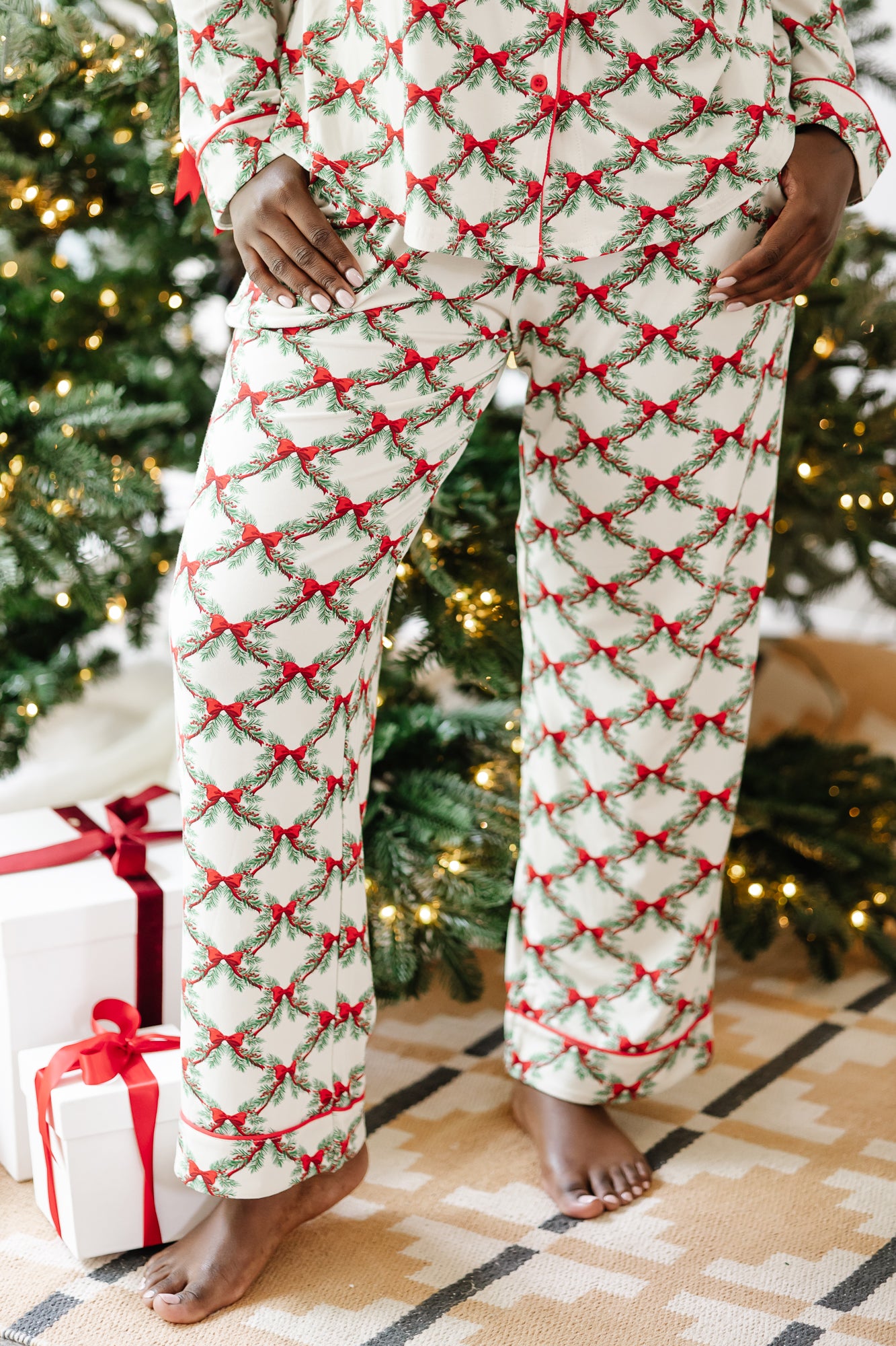 Close up of the bottoms from the Bamboo Long-Sleeved Women's Pajama Set in Holiday Bow