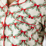 Close up of the top on the Bamboo Long-Sleeved Women's Pajama Set in Holiday Bow