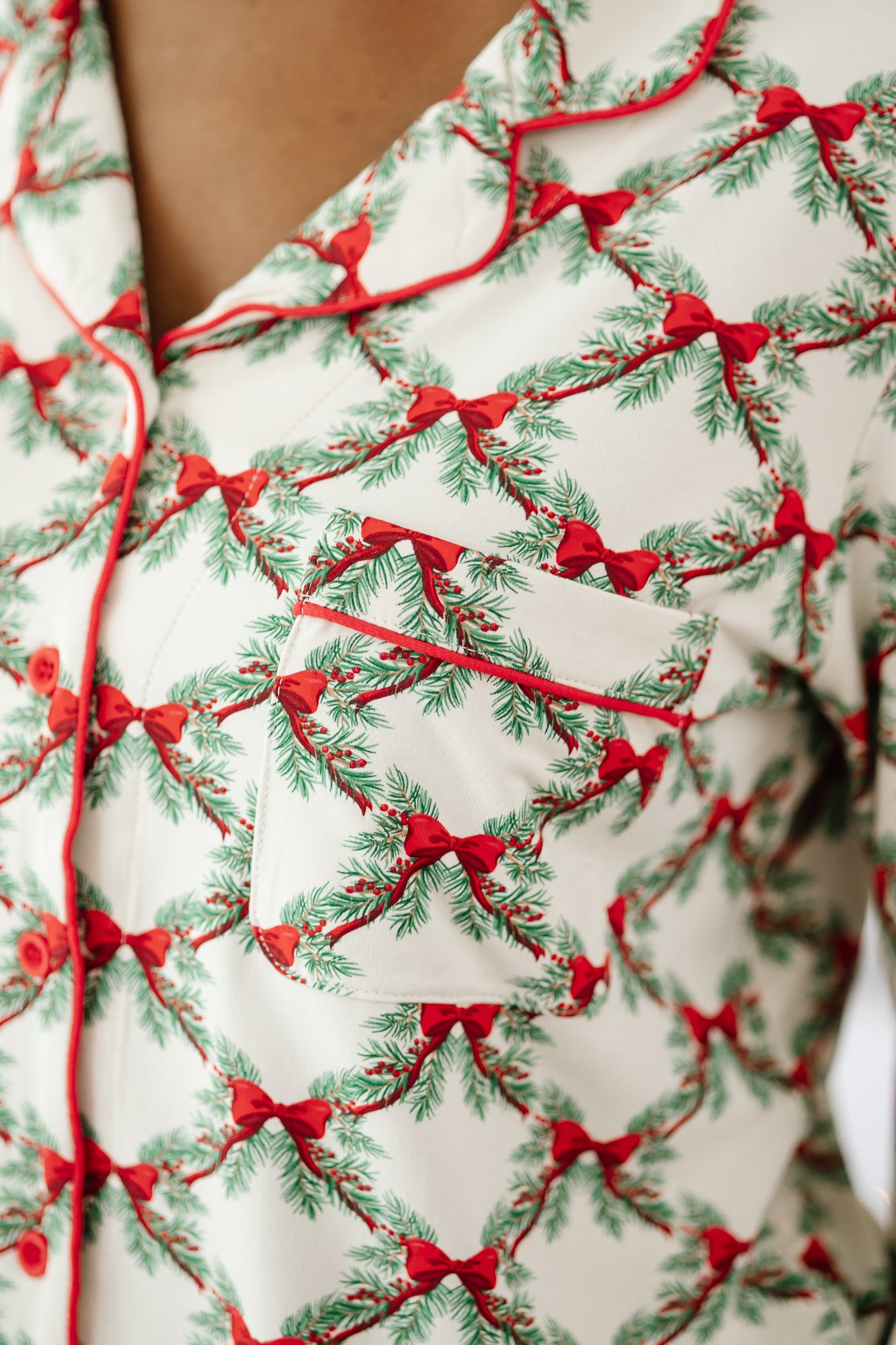 Close up of the top on the Bamboo Long-Sleeved Women's Pajama Set in Holiday Bow