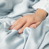 Close up of the Bamboo Sateen Sheet Set in Ice