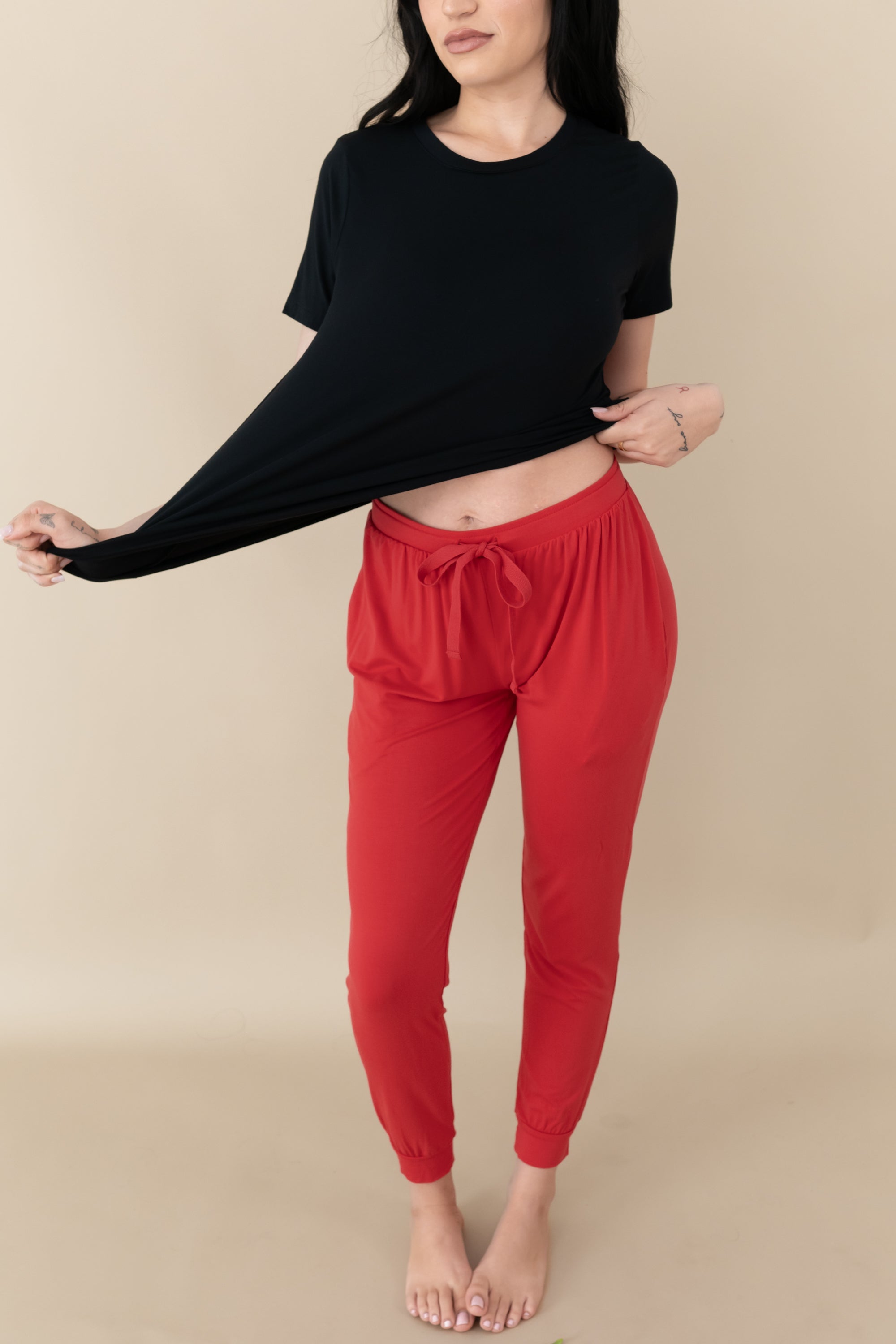 Woman modeling Women's Jogger Pants in Cardinal