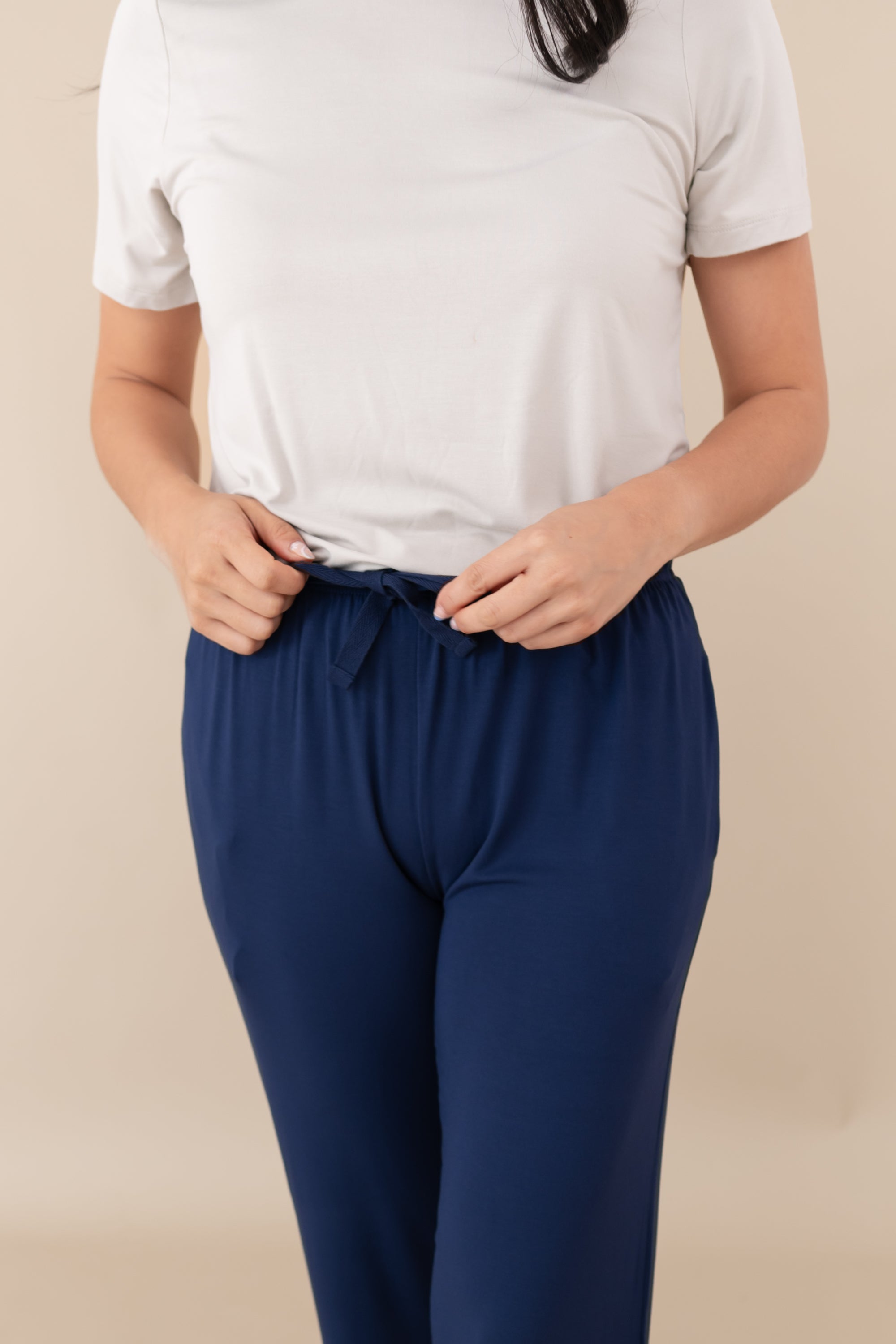 Close up of Women's Lounge Pants in Navy showing tie waist