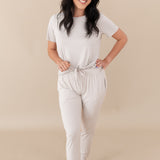 Woman modeling Women's Jogger Pants in Oat with hand on hip