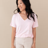 woman modeling Women’s Relaxed Fit V-Neck in Sakura