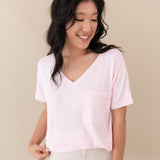 woman modeling Women’s Relaxed Fit V-Neck in Sakura