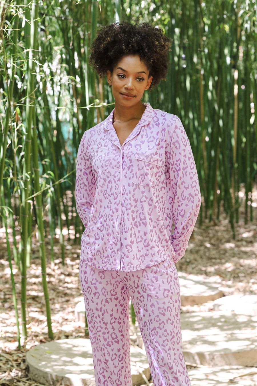 Model wearing Thistle Leopard print Women's Long Sleeve Pajama Set