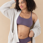 Woman wearing Currant Bralette, Briefs and Chunky Knit Women's Oversized Cardigan in Oat