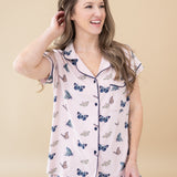 Female modeling the Women's Short Sleeve Pajama Set in Butterfly