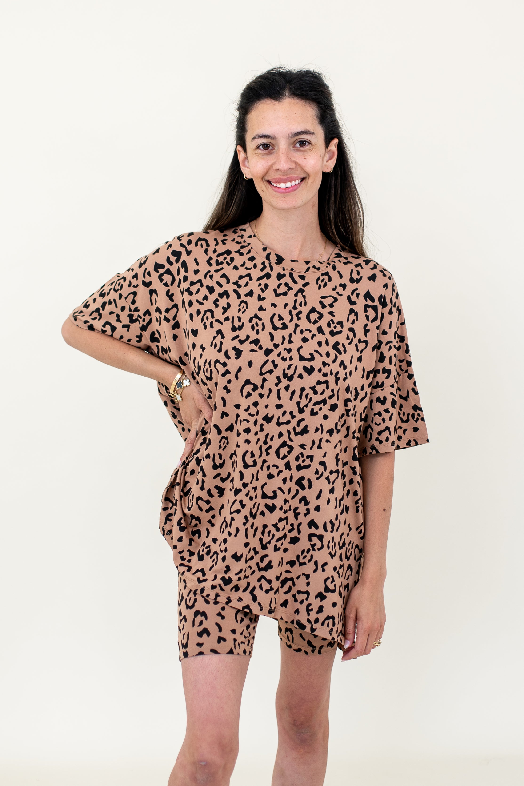 Women smiling wearing the Biker Short Set in Latte Leopard