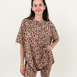 Model wearing Women's Biker Short Set in Latte Leopard