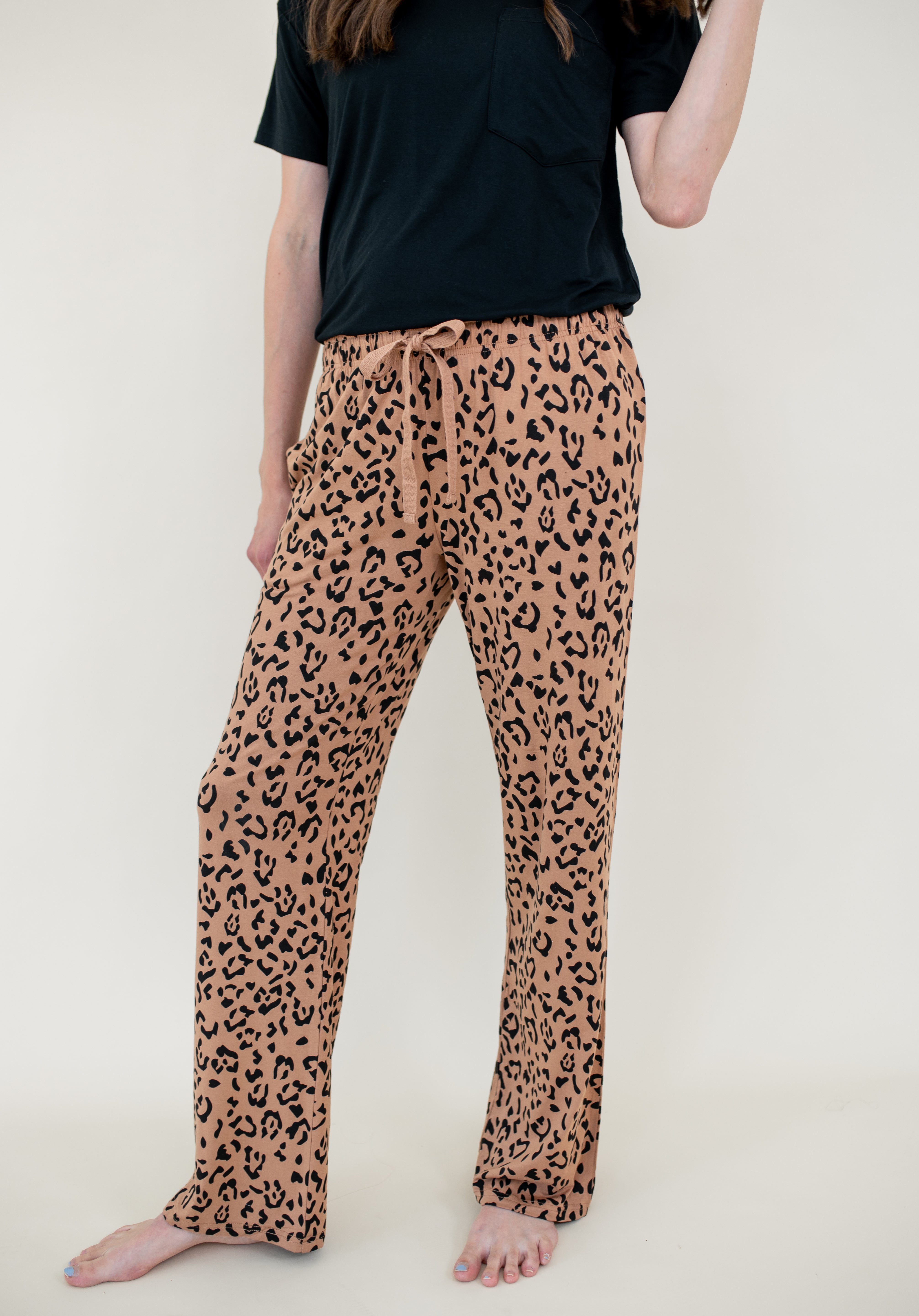 Close up of Women's Lounge Pants in Latte Leopard